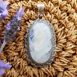 Rainbow Moonstone Oval Pendant in Sterling Silver Filigree Setting