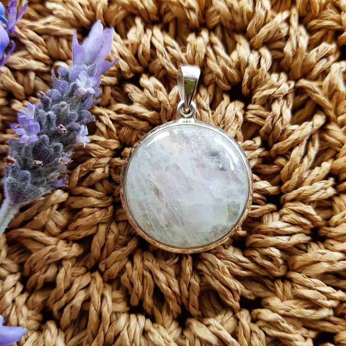 Rainbow Moonstone Round Pendant set in Sterling Silver