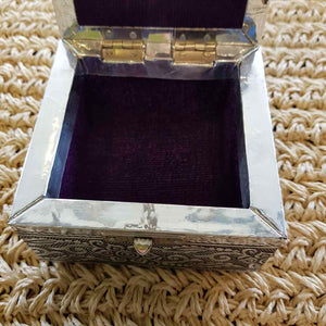 White Metal Velvet Lined Box with Floral Pattern