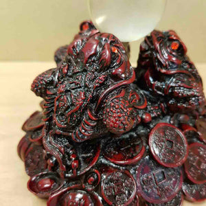 Red Feng Shui Prosperity Frogs on Bed of I Ching Coins With Sphere