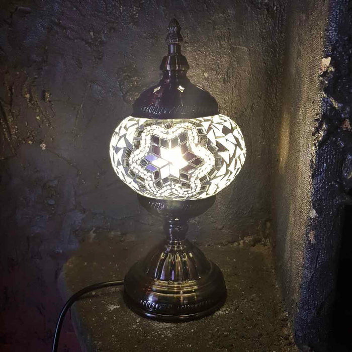 White & Silver Star Turkish Style Mosaic Lamp (pumpkin shaped. approx. 28.5cm)