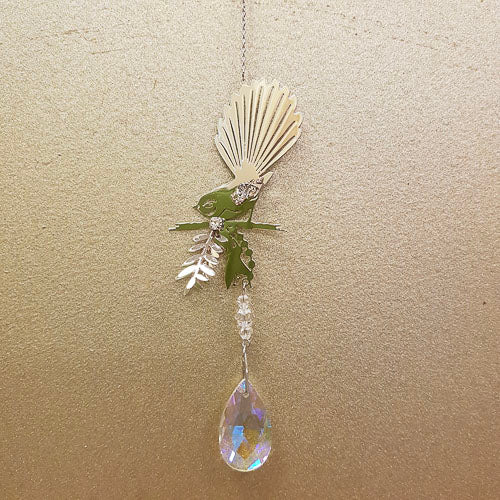 Hanging Piwakawaka/Fantail with Swarovski Crystal (assorted colours. approx. 13x7cm)