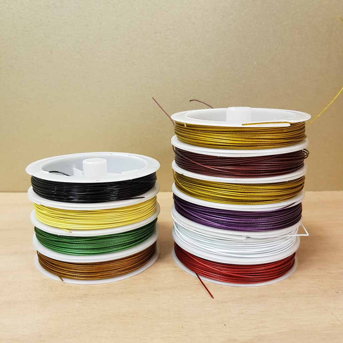 Tiger Tail Wire (assorted colours. nylon coated steel. approx. .8mm diameter x 18 metre roll)