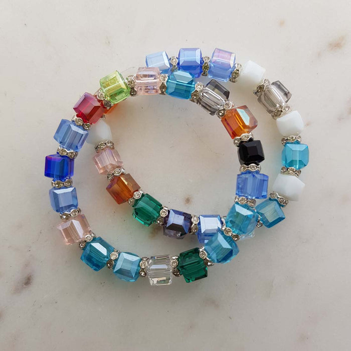 Colouful Square Glass Bead Bracelet with Charms (assorted colours)