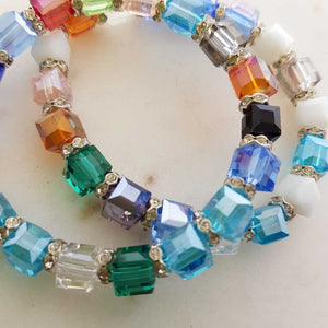 Colouful Square Glass Bead Bracelet with Charm