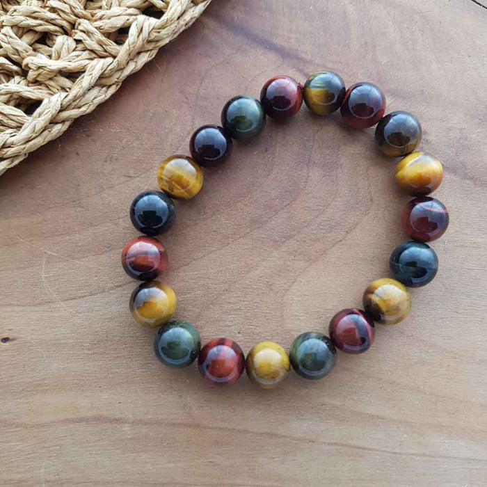 Blue Gold Red Tiger's Eye Bracelet (assorted. approx. 10mm round beads)