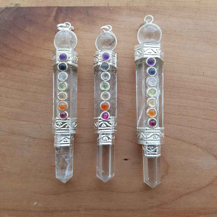 Clear Quartz Chakra Wand Pendant (assorted. silver metal)