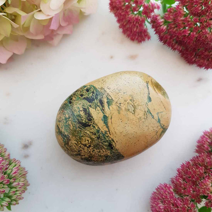 Phoenix Stone Palm Stone (Green Chrysoprase in Yellow Jasper from Madagascar (approx. 6x4.5x2.5cm)