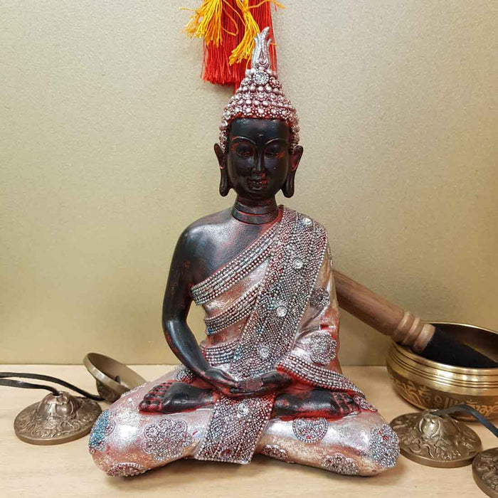 Bejewelled Red & Silver Buddha  (approx. 18x10x25.5cm)