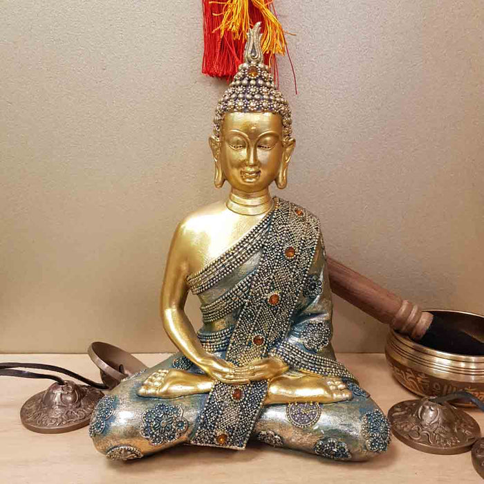 Bejewelled Blue & Gold Buddha (approx. 18x10x25.5cm)