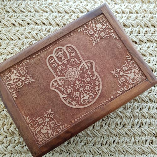 Hamsa Hand Carved Wooden Box (approx. 6x18x12.5cm)