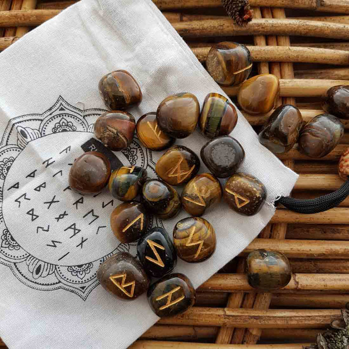 Gold Tiger's Eye Runes Set with Information Sheet & Drawstring Bag (assorted)