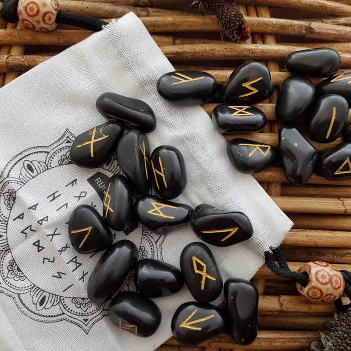 Black Agate Runes Set with Information Sheet and Drawstring Bag (assorted)