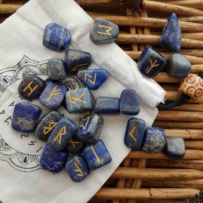Lapis Runes Set with Information Sheet & Drawstring Bag (assorted)