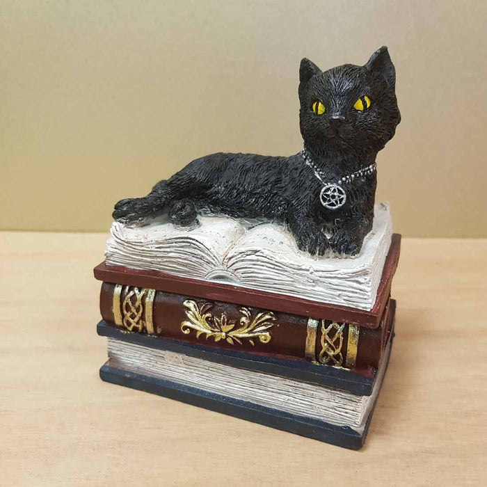 Black Cat on Book Trinket Box (approx. 10x7x12cm)