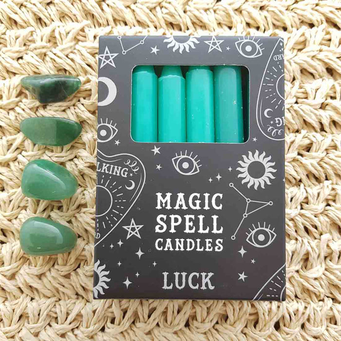 Green Luck Magic Spell Candles (box of 12. approx. 10x1cm per candle)