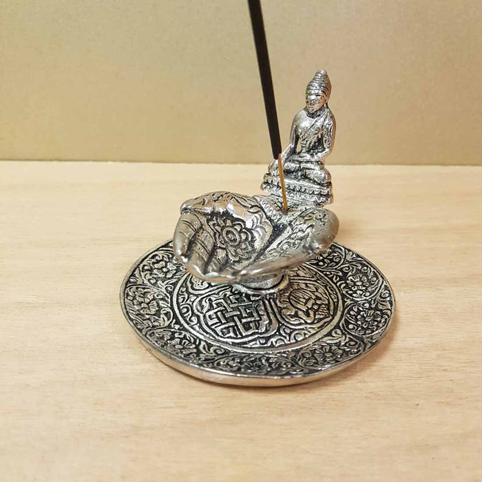 Hands & Buddha Round Aluminium Incense Stand (approx.9.5x7cm)