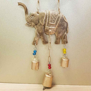2 Elephant Brass Look Hanging Bells (approx. 75x23x3.5cm)
