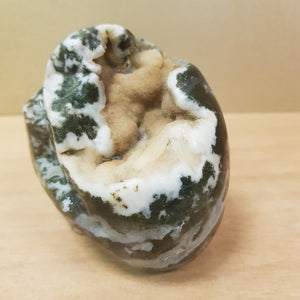 Moss Agate Geode Skull