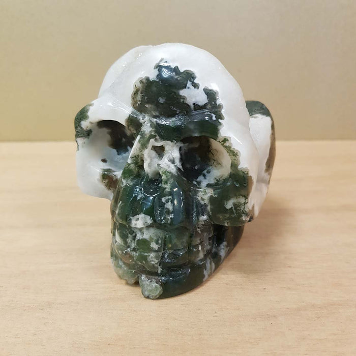 Moss Agate Geode Skull (approx. 8x9.5x6.5cm)