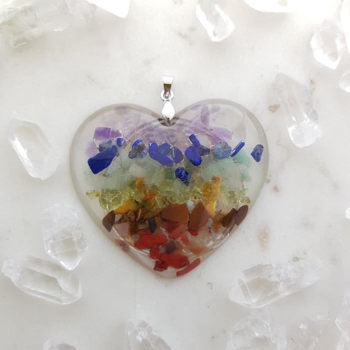 Resin Heart Pendant with Crystal Chips Inside & Symbol on Back (assorted)