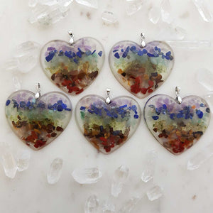 Resin Heart Pendant with Crystal Chips Inside & Symbol on Back 