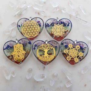 Resin Heart Pendant with Crystal Chips Inside & Symbol on Back 