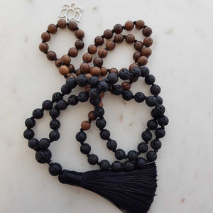 Lava & Wooden Mala/Prayer Beads with Burlap Pouch