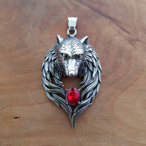 Wolf Pendant with Red Glass Stone