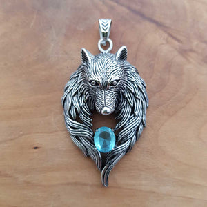 Wolf Pendant with Blue Glass Stone