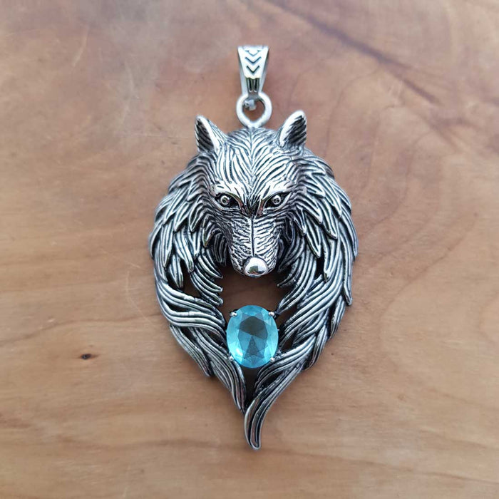 Wolf Pendant with Blue Glass Stone (stainless steel)