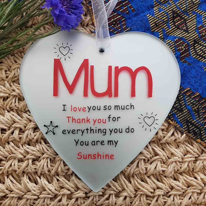 Mum Heart Glass Plaque (approx. 13x13cm)