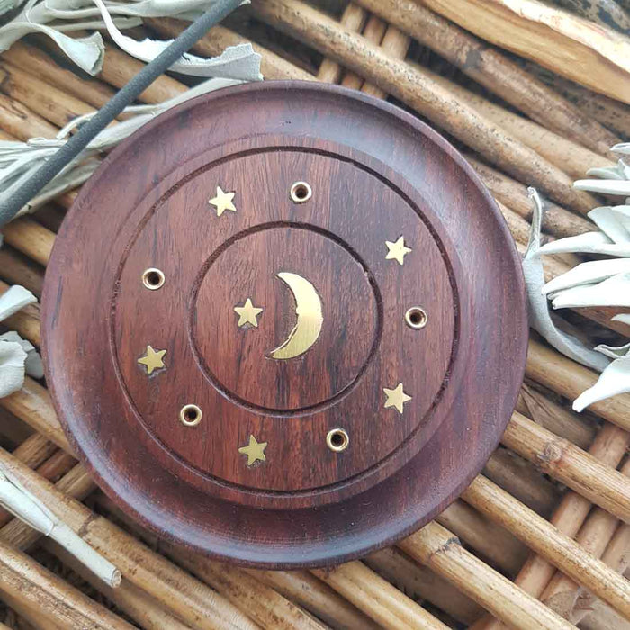 Crescent Moon Round Wooden Incense Holder (approx. 10cm)
