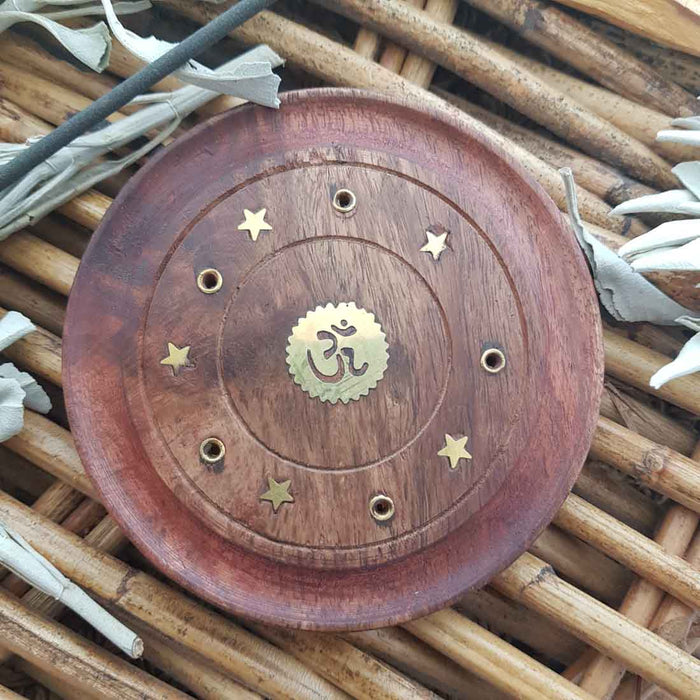 OM Round Wooden Incense Holder (approx. 10cm)