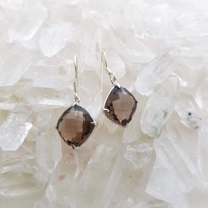 Smokey Quartz Faceted Square Earrings (sterling silver)