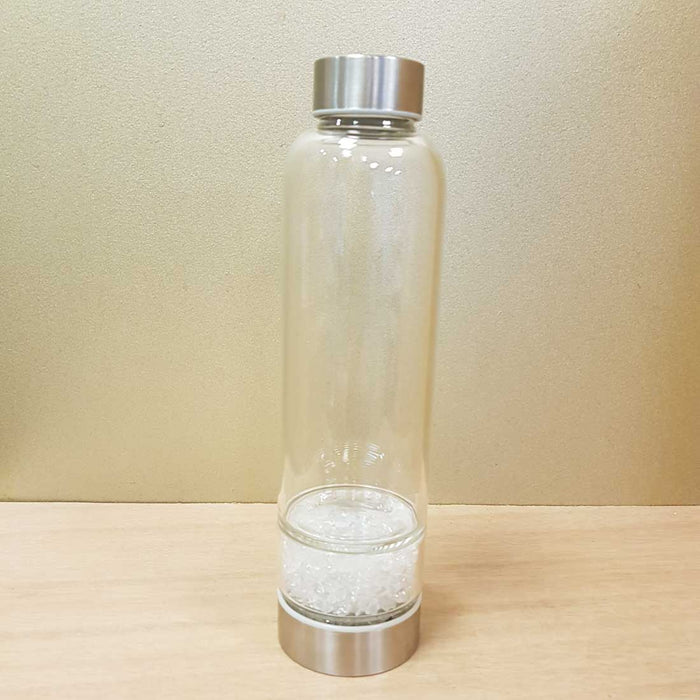 Clear Quartz Crystal Chip Energy Water Bottle (glass. 400ml capacity. neoprene sleeve)