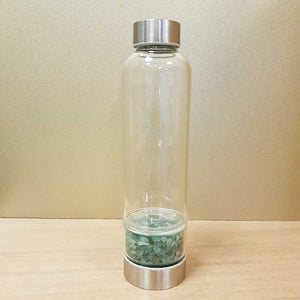 Green Aventurine Crystal Chip Energy Water Bottle (glass. 400ml capacity. neoprene sleeve)