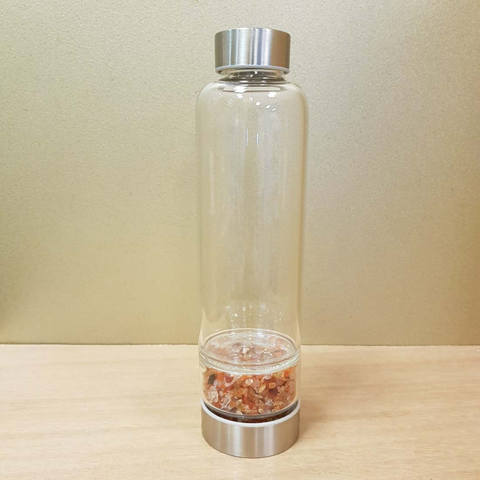 Carnelian Crystal Chip Energy Water Bottle (glass. 400ml capacity. neoprene sleeve)