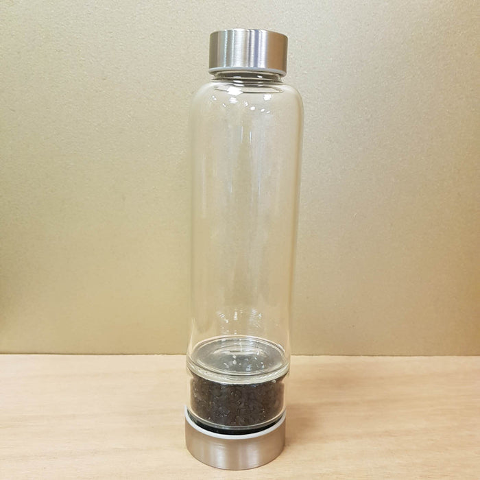 Black Obsidian Crystal Chip Energy Water Bottle (glass. 400ml capacity. neoprene sleeve)