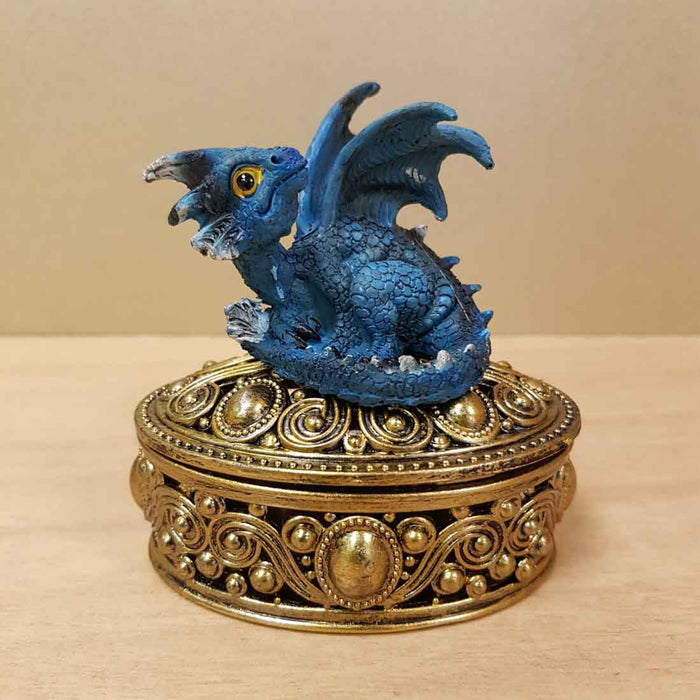Blue Baby Dragon on Ornate Gold Look Box (approx. 7x9x9cm)