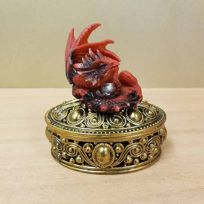 Red Baby Dragon on Ornate Gold Look Box (approx. 7x9x8cm)