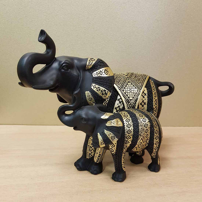 Black & Gold Mother & Baby Elephant (approx. 20x11x18cm)