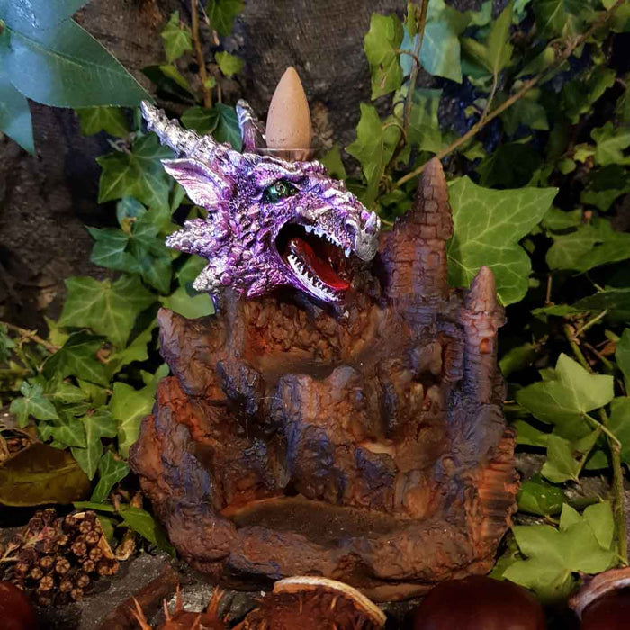 Pink Purple & Silver Dragon Backflow Incense Burner with LED (approx. 12x13x12.5cm)