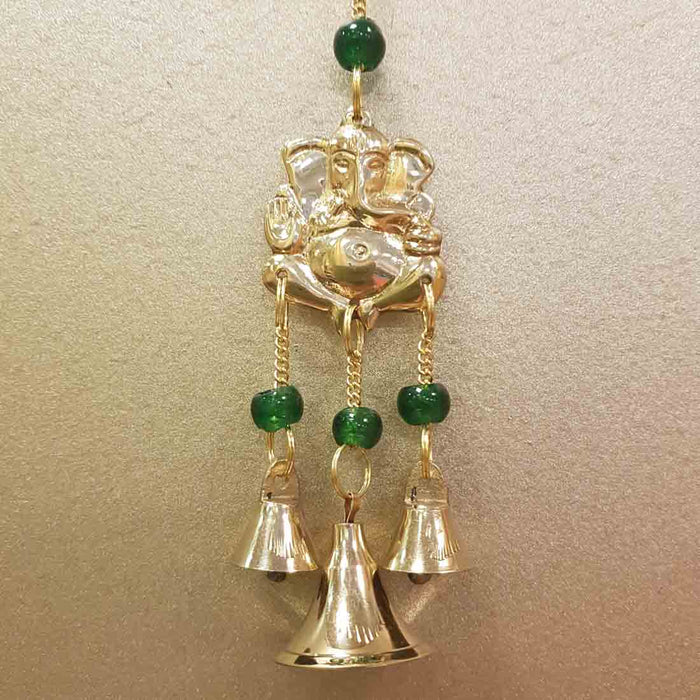 Ganesh Hanging Bells with Green Beads (approx. 23x3.5cm)