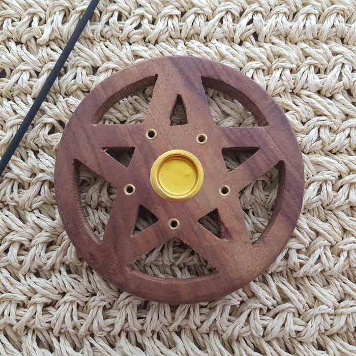 Pentacle Cut Out Wooden Incense Holder (approx. 10x1cm)