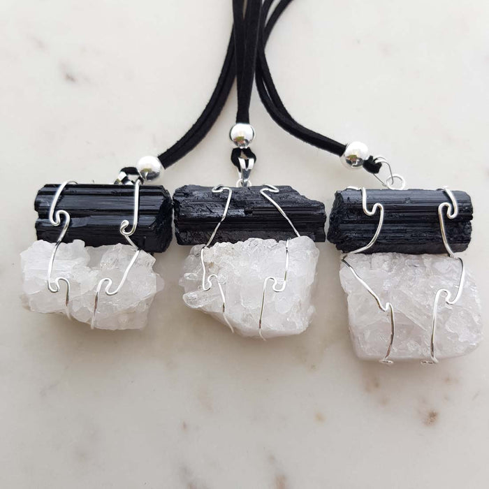 Quartz Cluster & Black Tourmaline Rod Pendant (assorted. silver metal)