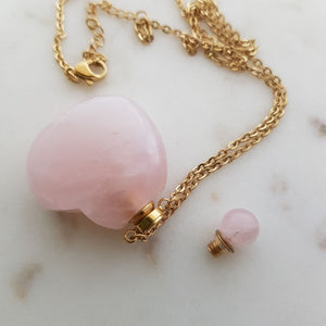 Rose Quartz Heart Keepsake Bottle Pendant with Chain