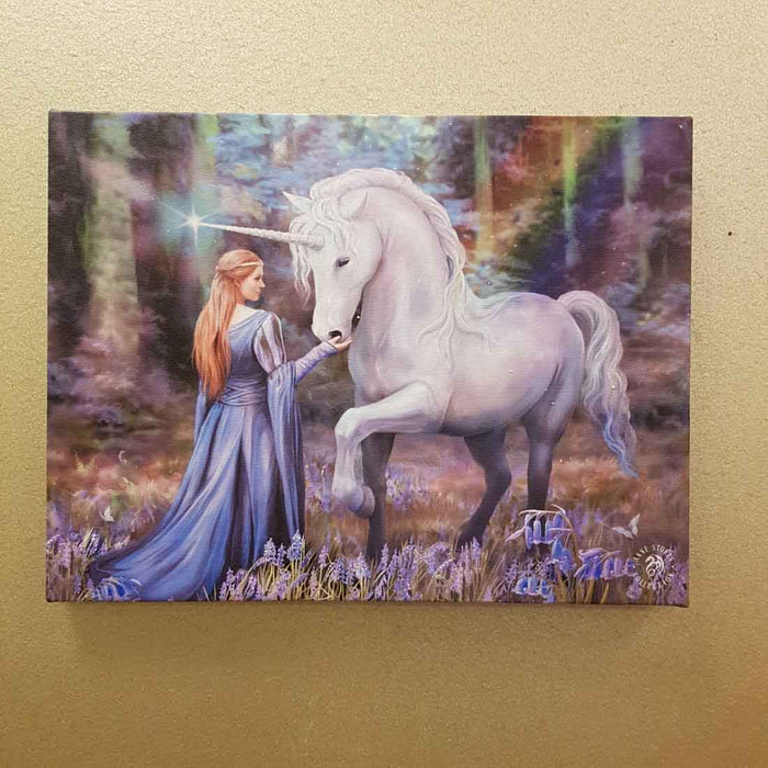 Bluebell Woods, Goddess & her Unicorn Canvas by Anne Stokes (approx. 25 x 19cm)