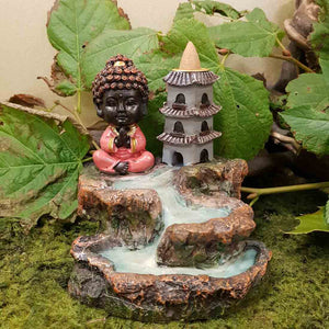 Pink Baby Buddha with Flowing Pond Backflow Incense Burner (approx. 12x12x13cm)
