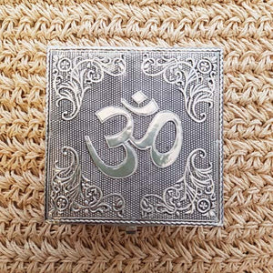 White Metal Velvet Lined Box with OM Pattern (approx. 10x10x6cm)